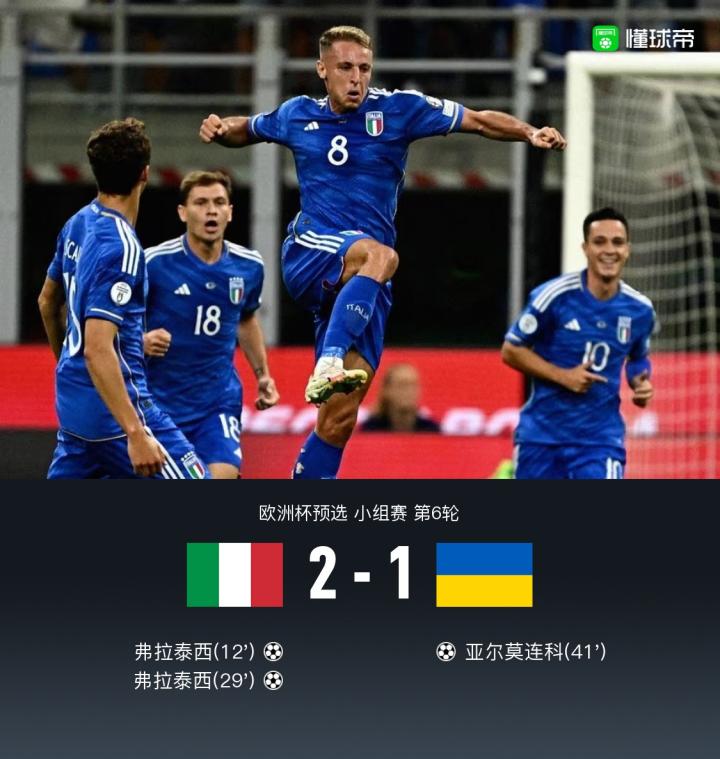 意大利2-1力克乌克兰，弗拉泰西梅开二度，扎卡尼送助攻